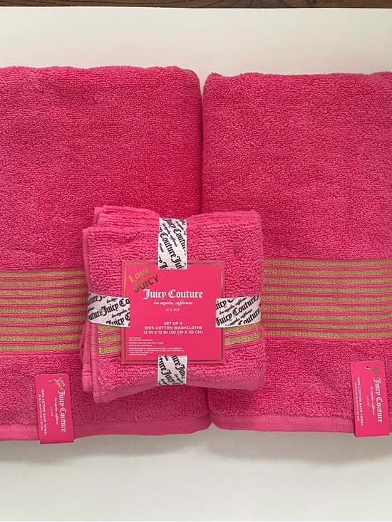 Juicy Couture Other - Juicy Couture Pink Bath Towel Set 6 Pc 2 Bath Towels + 4 Washcloths Cotton Gold